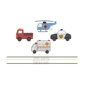 Puede incluir: Diseño bordado con un camión de bomberos rojo, una ambulancia blanca, un helicóptero azul y un coche de policía blanco y negro. El diseño está sobre un fondo blanco con una línea negra y amarilla en la parte inferior.