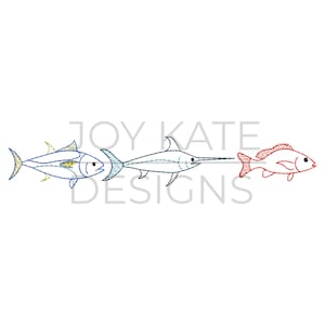 Könnte beinhalten: Eine Reihe von drei gestickten Fischen, ein gelber und blauer Thunfisch, ein blauer und weißer Schwertfisch und ein roter Schnapper.