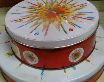 Vintage pair of Starburst metal tin cookie container - retro Christmas - price is for matching pair.