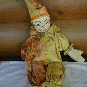 Vintage handmade clown rag doll with orange outfit - 19&quot; tall