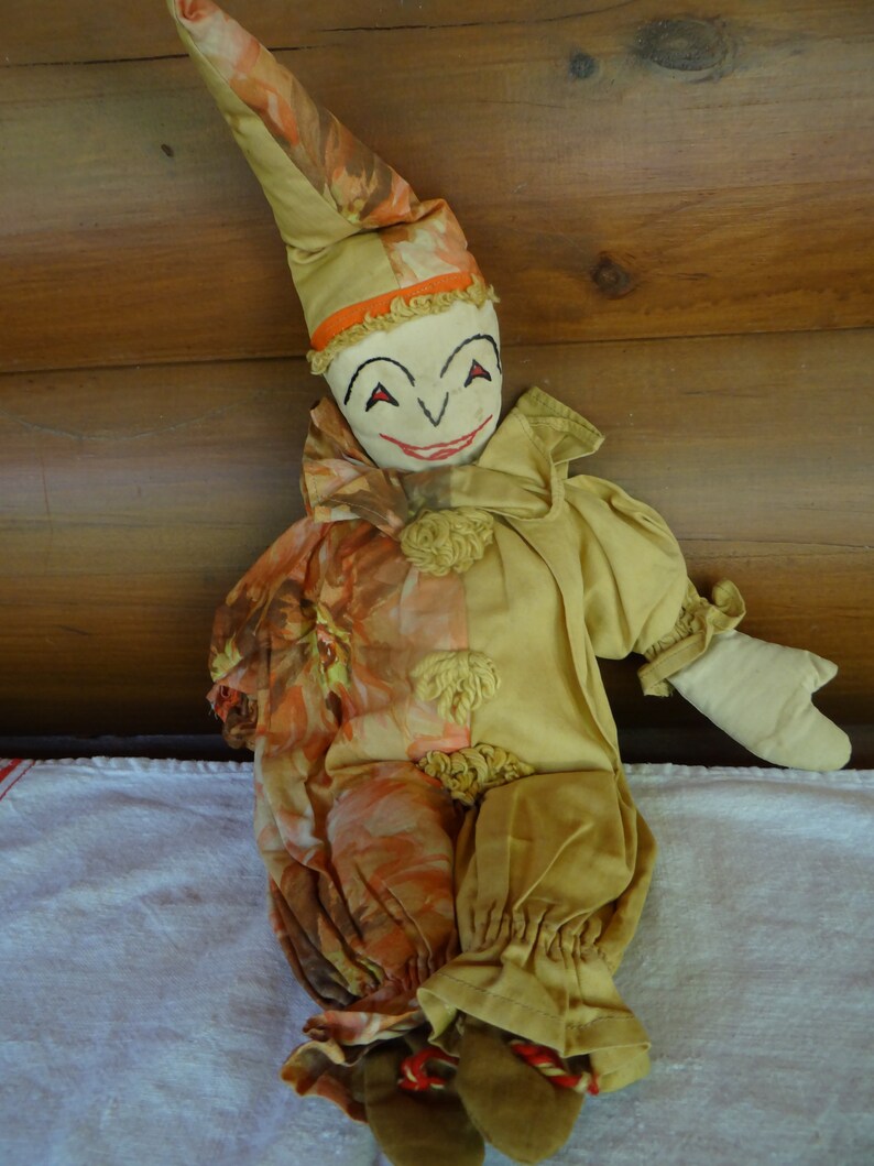 Clown Rag Rope Vintage Handmade Clown Rag Doll With Orange Outfit - 19
