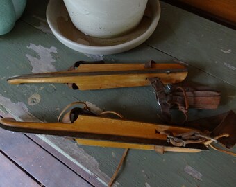 Antique vintage wooden primitive Dutch ice skates - early 1900's or late 1800's