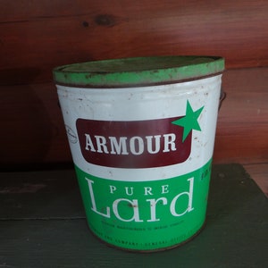Vintage Armour Lard tin with lid - 8&quot; tall - green, white and brown