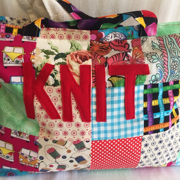 Large patchwork knitting bag, craft bag, sewing bag/tote.