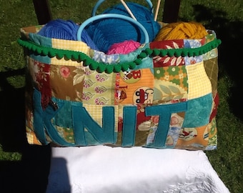 Patchwork Knitting Bag, Cotton Craft Tote with Bobble Trim