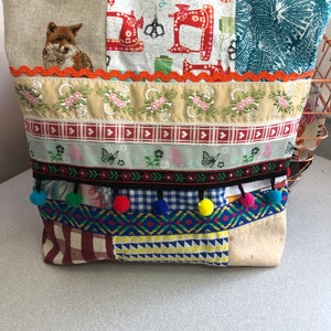 Patchwork Cotton Zip Bag, Embroidered Trim.