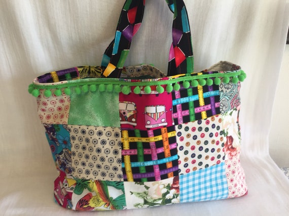 Colorful Patchwork Tote Bag with Bobble Braid