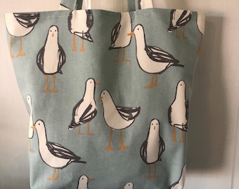 Seagull Print Cotton Tote Bag, Beach Market Bag
