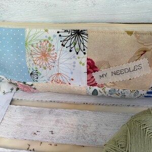 Patchwork Knitting Needle Case, Padded Cotton Storage, Embroidered Tag