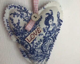 Toile de Jouy Heart, Lavender Hanging Ornament, Embroidered Gift