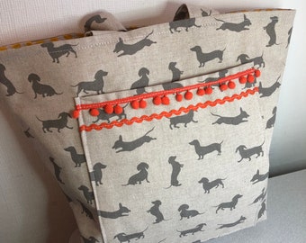 Dachshund, sausage dog printed, fabric market,tote bag.