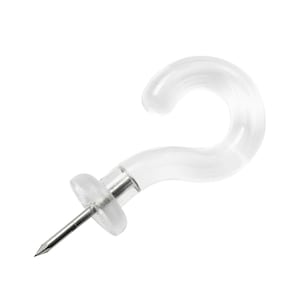 May include: A clear plastic hook with a silver metal pin. The hook is designed for hanging lightweight items on walls.