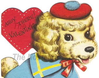 Vintage Valentine Card Sailor Poodle Dog - Digital Download Graphic Image Printable