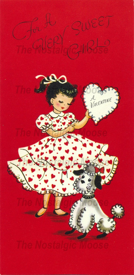 Vintage 1950s Valentine Card Girl Dress Poodle Digital Download
