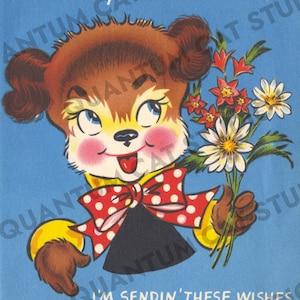 Vintage jaren 1940 beterschapskaart puppy hondje met bloemen - digitale download grafische afbeelding afdrukbare
