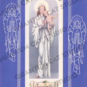 Biglietto di auguri natalizio religioso vintage anni '40 Vergine Maria con Gesù Bambino Saluti! - Immagine grafica digitale scaricabile stampabile