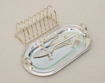 Silver Plated French SILEA Toast Rack and Tray with Slicer and Spatula for Duck Pate (foie gras), Decorative Handles Head of Duck