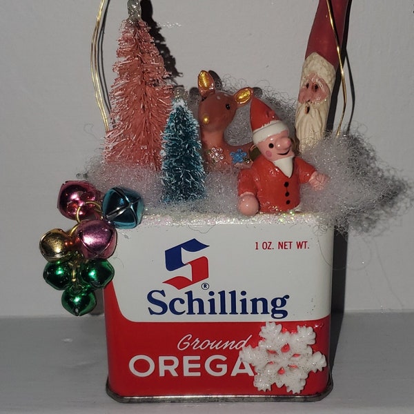 Vintage Decorated Schilling Oregano Christmas Spice Tin Santa Trees Snow Glitter Handmade OOAK Ornament