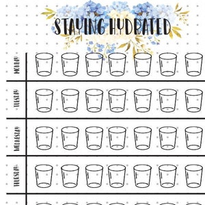 May include: A printable water tracker with a floral design and the text "Staying Hydrated". The tracker has seven days of the week listed, with 10 glasses per day to track.
