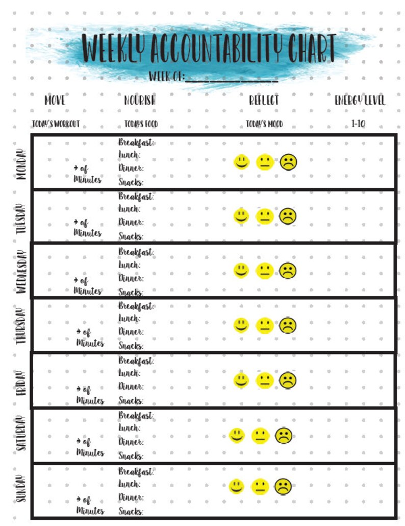 K&ouml;nnte beinhalten: Ein schwarz-wei&szlig;es, druckbares w&ouml;chentliches Verantwortungs-Diagramm mit Abschnitten f&uuml;r "Bewegen", "Ern&auml;hren", "Reflektieren" und "Energieniveau". Das Diagramm enth&auml;lt einen Platz zum Aufzeichnen von t&auml;glichen Workouts, Mahlzeiten, Stimmung und Energieniveaus auf einer Skala von 1 bis 10. Das Diagramm soll Einzelpersonen helfen, ihren Fortschritt zu verfolgen und f&uuml;r ihre Ziele verantwortlich zu bleiben.