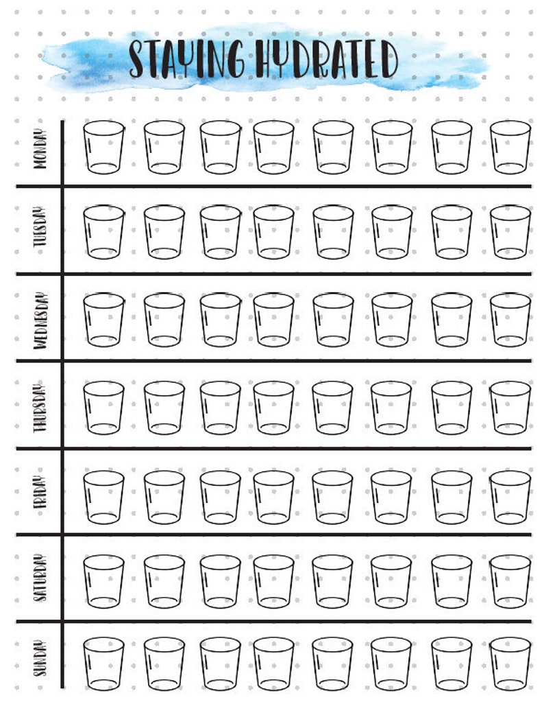 K&ouml;nnte beinhalten: Ein schwarz-wei&szlig;er druckbarer Wasser-Tracker mit dem Text "STAYING HYDRATED" oben. Der Tracker hat sieben Spalten f&uuml;r jeden Tag der Woche und acht Zeilen f&uuml;r jeden Tag, mit einem Glas-Symbol in jeder Zeile, um ein Glas Wasser darzustellen.