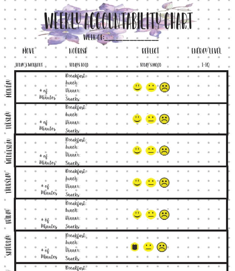 May include: A black and white printable weekly accountability chart with sections for "Move", "Nourish", "Reflect", and "Energy Level". The chart includes space to track daily workouts, food intake, mood, and energy levels on a scale of 1-10.