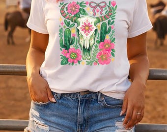 Boho Western Floral Cow Skull Graphic Tee, Southern Cowgirl Shirt