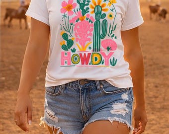 Boho Western Howdy Cactus Floral T-Shirt, Cowgirl Graphic Tee, Country Style Shirt