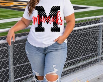 Marshall Mavericks School Spirit Shirt, Game Day Tee, Black and White Polka Dot M