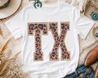 Varsity Texas Shirt | Leopard Print TX T-Shirt | Western Aesthetic Tee | Texas Game Day Shirt | Cute Cheetah Print Texas Tee | Texas Gifts