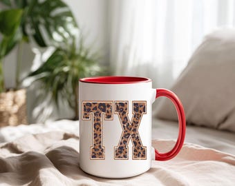 Distressed Leopard Print Texas Mug, Trendy Cheetah TX Coffee Cup, Western Aesthetic Accent Mug, Cowboy Country Gift for Her
