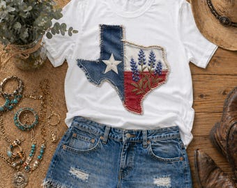 Texas Flag Bluebonnets T-Shirt, Faux Denim TX Country Tee, Bella Canvas Floral Texas Shirt, Cute Western Aesthetic Wildflower Tshirt