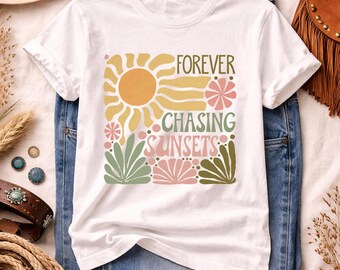 Forever Chasing Sunsets Boho Western Graphic Tee, Summer Shirt