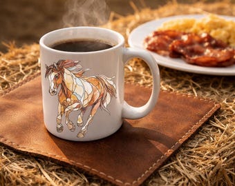 Western Horse Stained Glass Style Ceramic Mug, Equestrian Gift, Rustic Decor