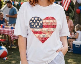 Patriotic Heart T-Shirt | Floral American Flag Graphic Tee (DTF Printed)