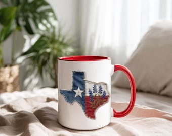 Faux Denim Texas Mug | Embroidered Bluebonnet Coffee Cup | Texas State Flag Mug | Western Chic Texas Gift | 11oz 15oz Accent Mug