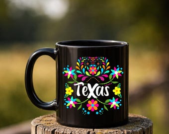 Colorful Texas Floral Black Mug, Vibrant TX Wildflower Coffee Cup, Cute Texas State Pride Mug, Botanical Texas Garden Ceramic Cup