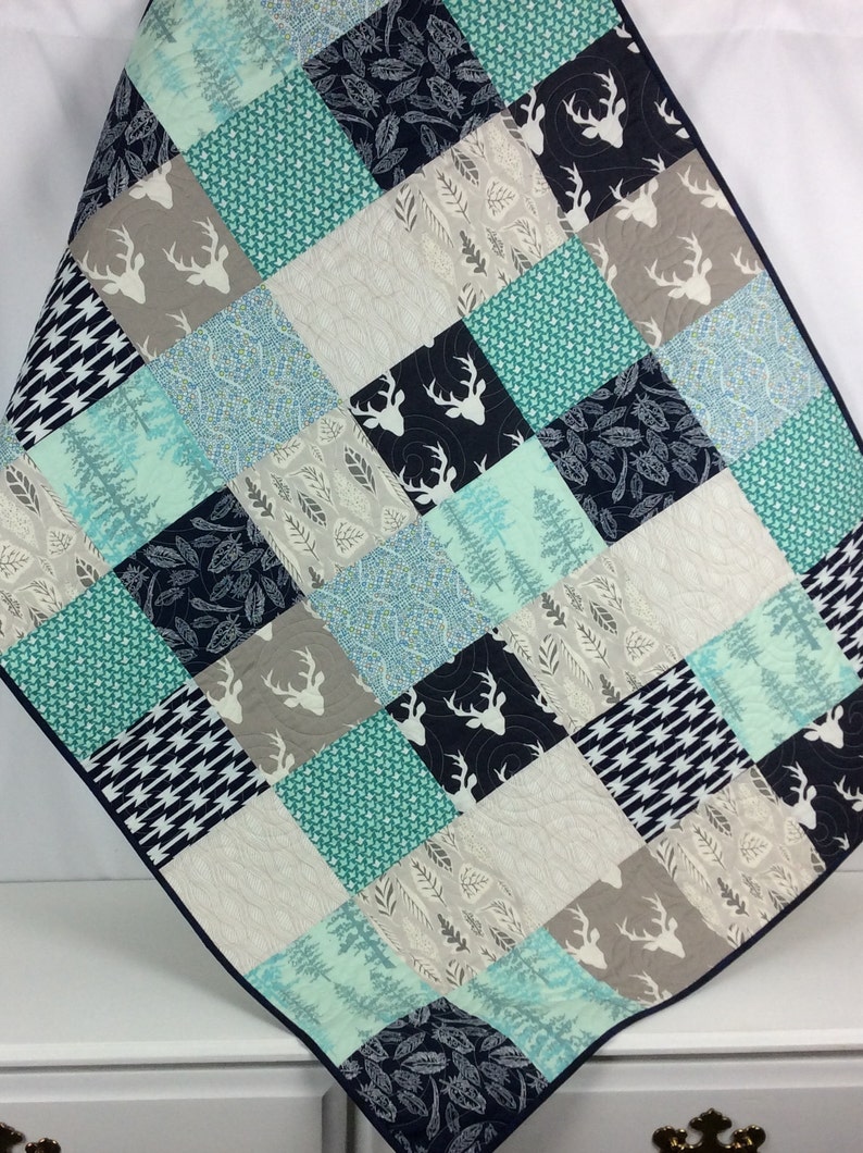 Woodland Baby Quilt Rustic Forest Grey White Tribal Native Baby Bedding Aqua Arrows Feather Stag Buck Heads Nursery Bedding Navy