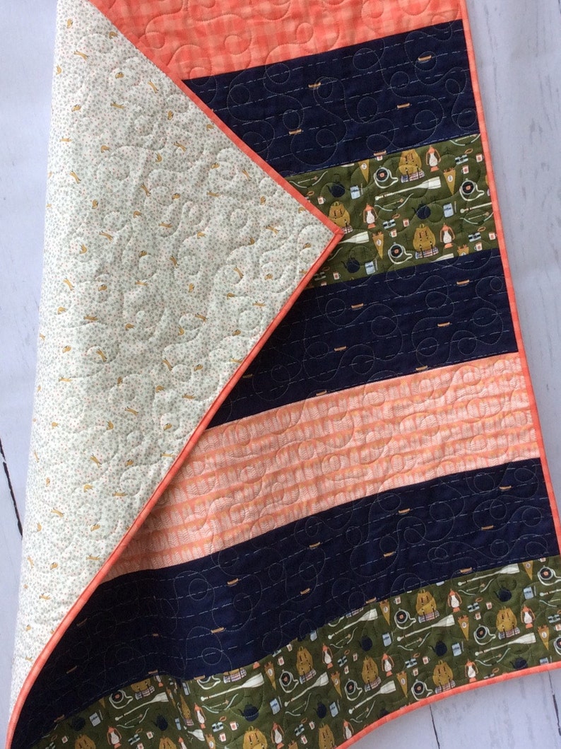 Baby Quilt Boy Girl Camping Woodland Navy Coral Nursery Blanket Green
