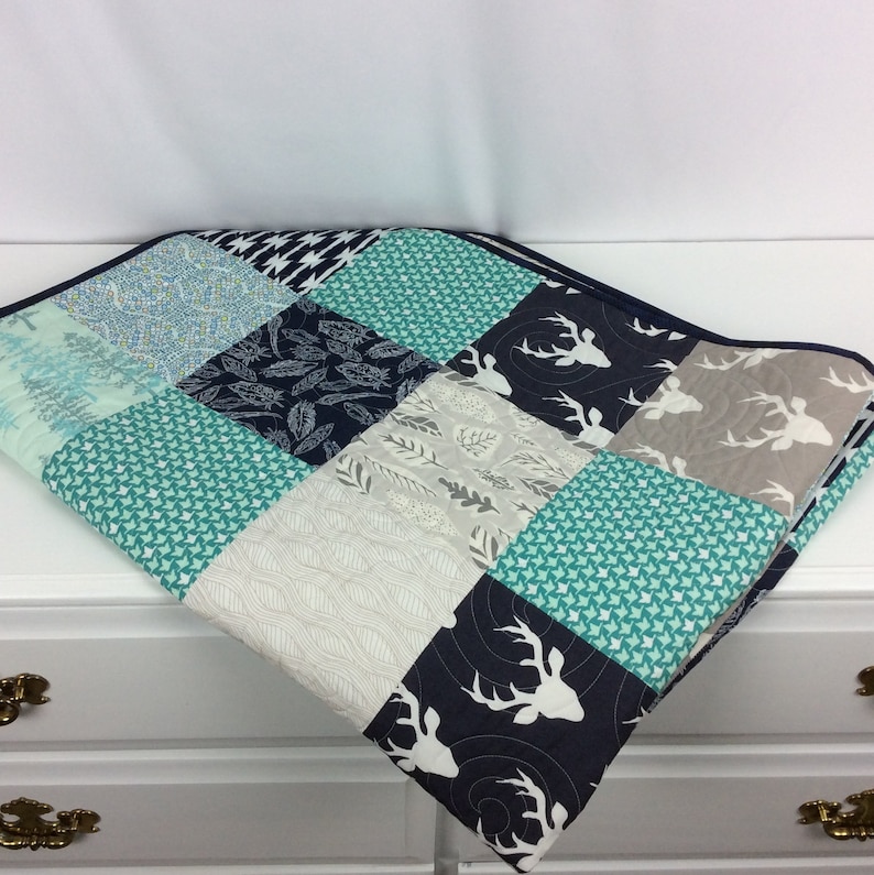Woodland Baby Quilt Rustic Forest Grey White Tribal Native Baby Bedding Aqua Arrows Feather Stag Buck Heads Nursery Bedding Navy