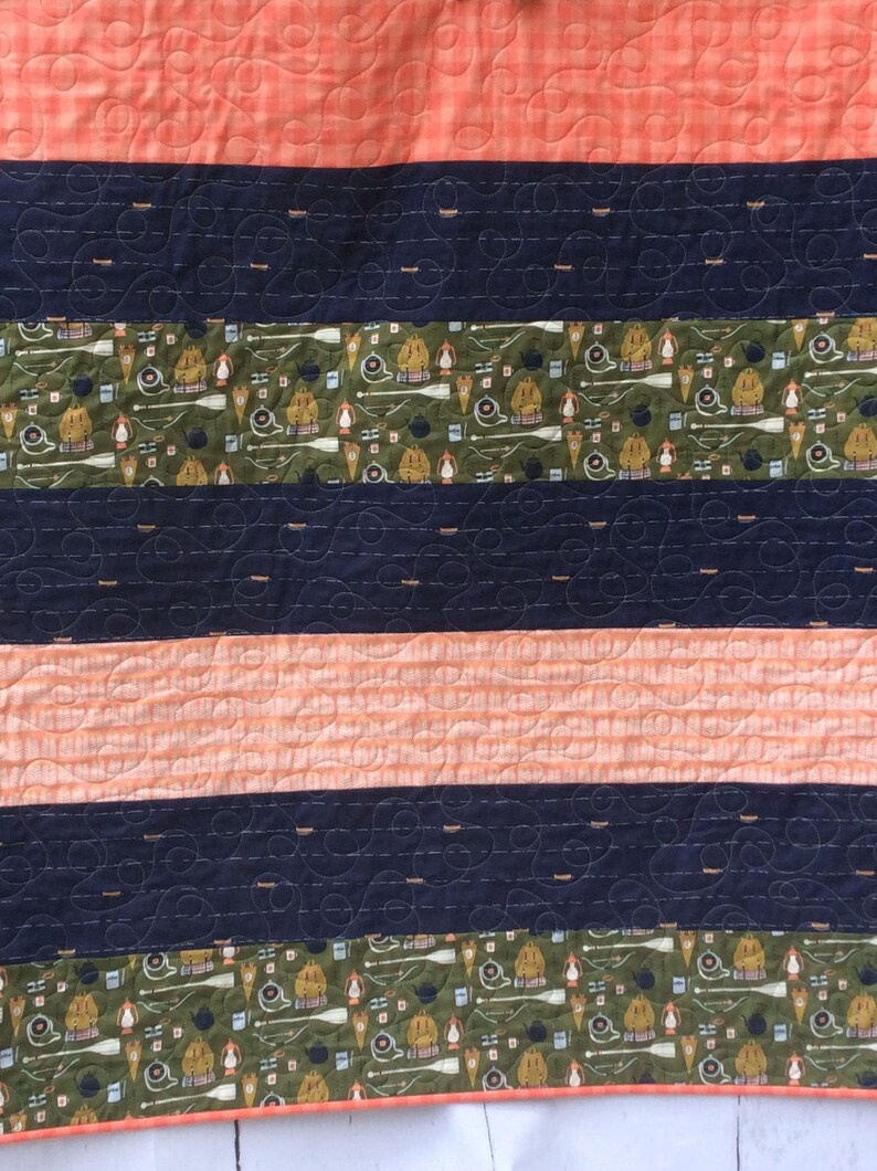 Baby Quilt Boy Girl Camping Woodland Navy Coral Nursery Blanket Green
