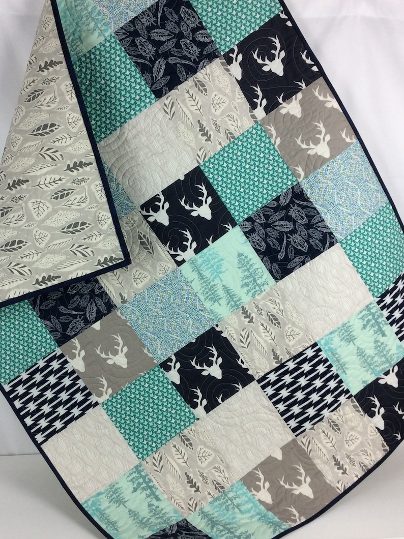 Woodland Baby Quilt Rustic Forest Grey White Tribal Native Baby Bedding Aqua Arrows Feather Stag Buck Heads Nursery Bedding Navy