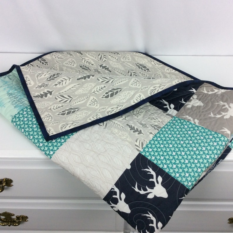 Woodland Baby Quilt Rustic Forest Grey White Tribal Native Baby Bedding Aqua Arrows Feather Stag Buck Heads Nursery Bedding Navy