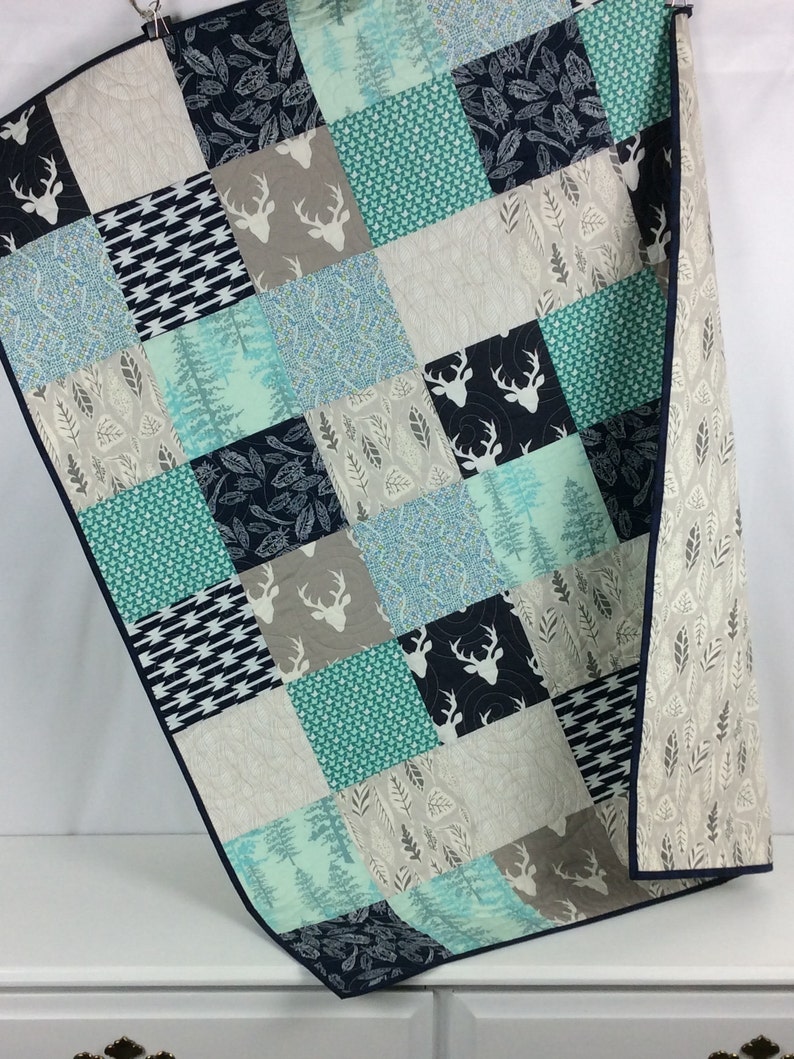 Woodland Baby Quilt Rustic Forest Grey White Tribal Native Baby Bedding Aqua Arrows Feather Stag Buck Heads Nursery Bedding Navy