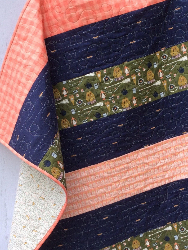Baby Quilt Boy Girl Camping Woodland Navy Coral Nursery Blanket Green