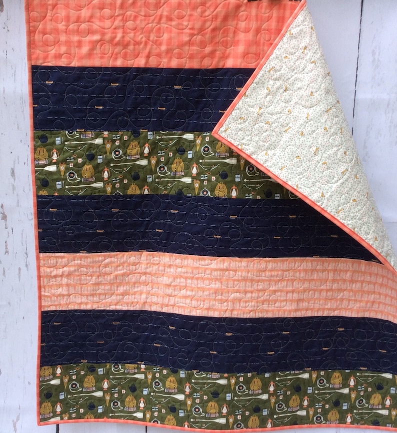 Baby Quilt Boy Girl Camping Woodland Navy Coral Nursery Blanket Green