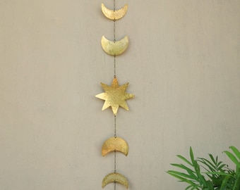 Moon and Sun Wall Decor Sun and Moon Wall Art - Moon Phases wall Hanging Brass Moon Garland Sun- Horizontal or Vertical Hanging