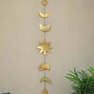 Moon and Sun Wall Decor Sun and Moon Wall Art - Moon Phases wall Hanging Brass Moon Garland Sun- Horizontal or Vertical Hanging