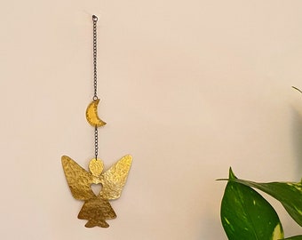 Gold Angel With a Crescent Moon Wall Hanging - Heart Art Brass Angel Room decoration - Gift for Girls - Girls Room Decor - Nursery