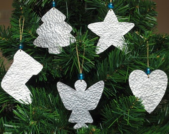 Silver Christmas Ornaments - Metal Christmas Tree Decor - 5 Handmade Cottage Chic Christmas Decorations - Xmas Ornaments